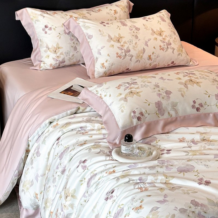 91家纺网 家纺一手货源 找家纺 慕晨 2026新款大宽边高级简奢款凉感天丝莱赛尔数码印花丝滑丝绸四件套直播热款 花颜