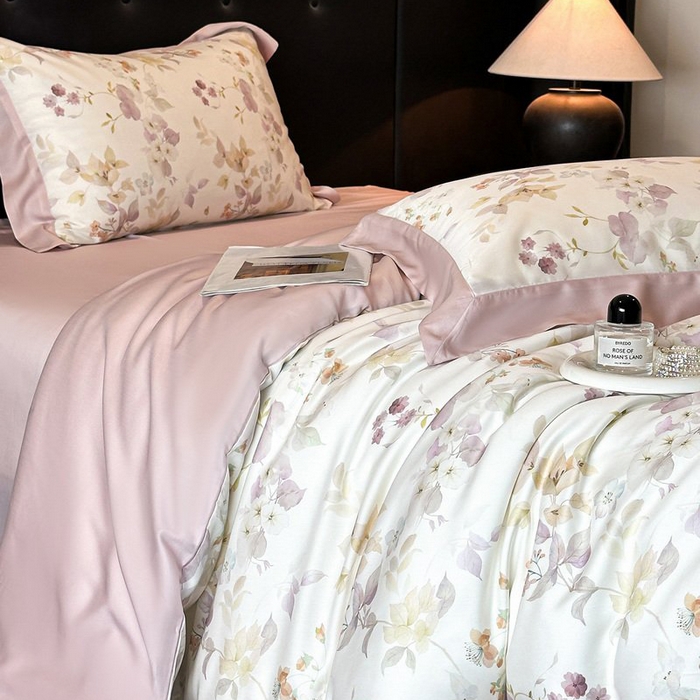 91家纺网 家纺一手货源 找家纺 慕晨 2026新款大宽边高级简奢款凉感天丝莱赛尔数码印花丝滑丝绸四件套直播热款 花颜