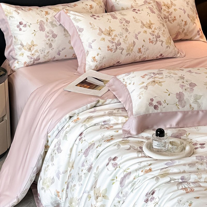 91家纺网 家纺一手货源 找家纺 慕晨 2026新款大宽边高级简奢款凉感天丝莱赛尔数码印花丝滑丝绸四件套直播热款 花颜