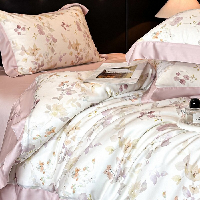 91家纺网 家纺一手货源 找家纺 慕晨 2026新款大宽边高级简奢款凉感天丝莱赛尔数码印花丝滑丝绸四件套直播热款 花颜