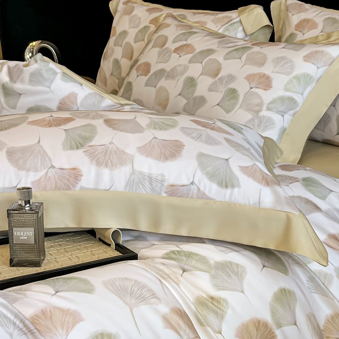 91家纺网 家纺一手货源 找家纺 慕晨 2026新款大宽边高级简奢款凉感天丝莱赛尔数码印花丝滑丝绸四件套直播热款 林间蜜杏