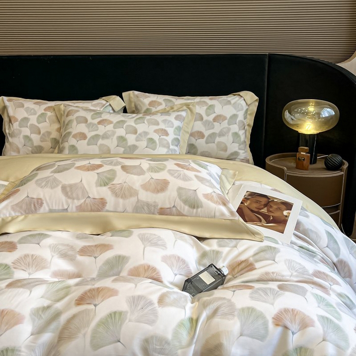 91家纺网 家纺一手货源 找家纺 慕晨 2026新款大宽边高级简奢款凉感天丝莱赛尔数码印花丝滑丝绸四件套直播热款 林间蜜杏