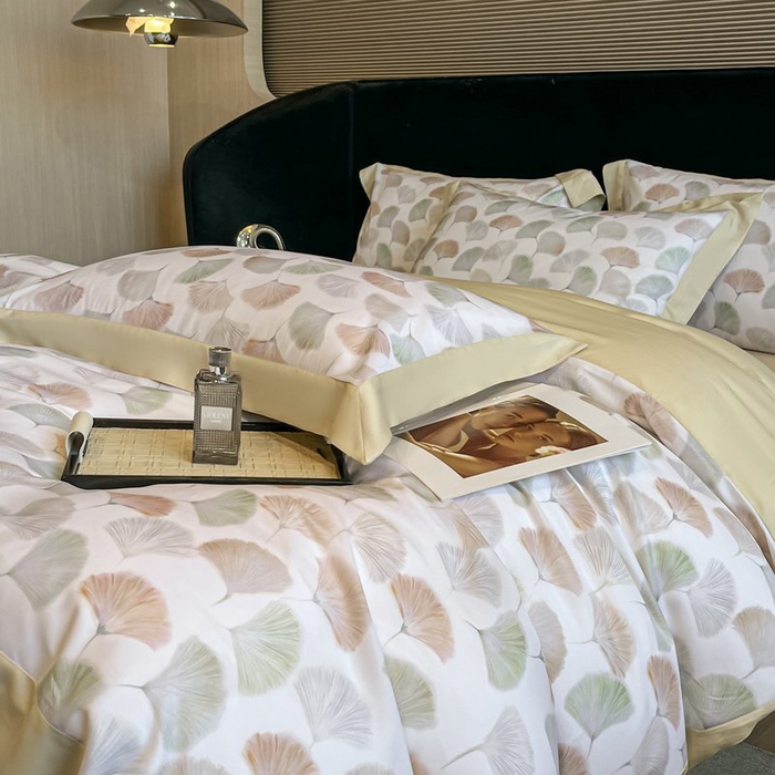 91家纺网 家纺一手货源 找家纺 慕晨 2026新款大宽边高级简奢款凉感天丝莱赛尔数码印花丝滑丝绸四件套直播热款 林间蜜杏