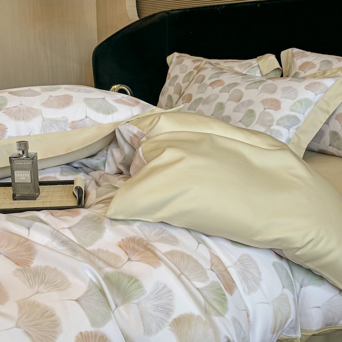 91家纺网 家纺一手货源 找家纺 慕晨 2026新款大宽边高级简奢款凉感天丝莱赛尔数码印花丝滑丝绸四件套直播热款 林间蜜杏