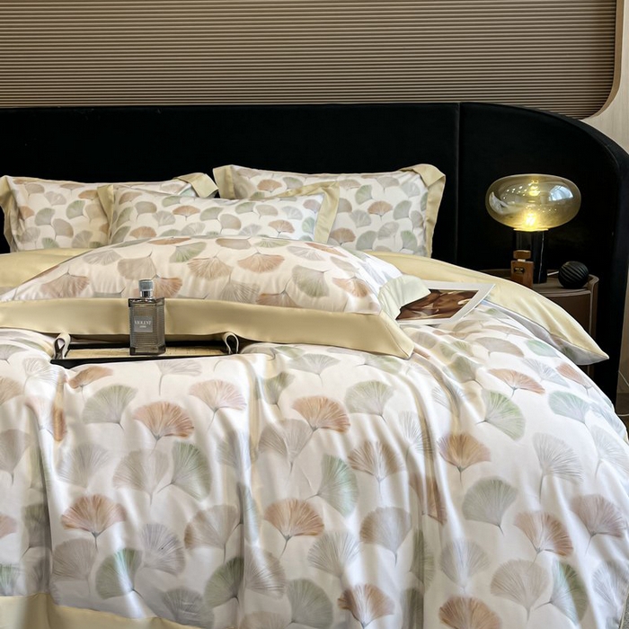 91家纺网 家纺一手货源 找家纺 慕晨 2026新款大宽边高级简奢款凉感天丝莱赛尔数码印花丝滑丝绸四件套直播热款 林间蜜杏