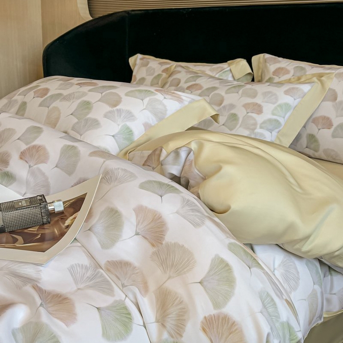 91家纺网 家纺一手货源 找家纺 慕晨 2026新款大宽边高级简奢款凉感天丝莱赛尔数码印花丝滑丝绸四件套直播热款 林间蜜杏