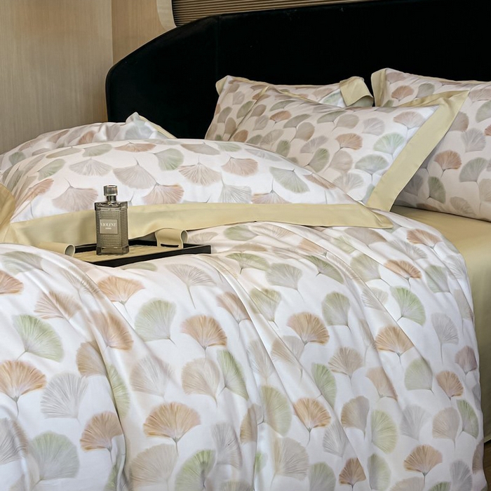 91家纺网 家纺一手货源 找家纺 慕晨 2026新款大宽边高级简奢款凉感天丝莱赛尔数码印花丝滑丝绸四件套直播热款 林间蜜杏