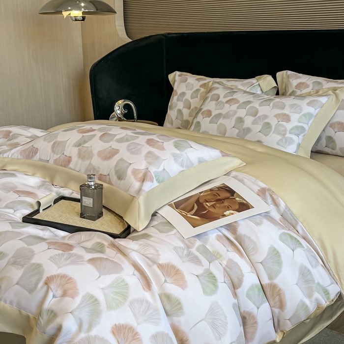 91家纺网 家纺一手货源 找家纺 慕晨 2026新款大宽边高级简奢款凉感天丝莱赛尔数码印花丝滑丝绸四件套直播热款 林间蜜杏