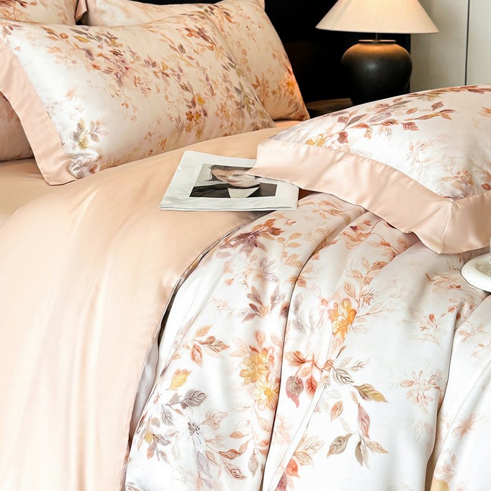 91家纺网 家纺一手货源 找家纺 慕晨 2026新款大宽边高级简奢款凉感天丝莱赛尔数码印花丝滑丝绸四件套直播热款 菱花