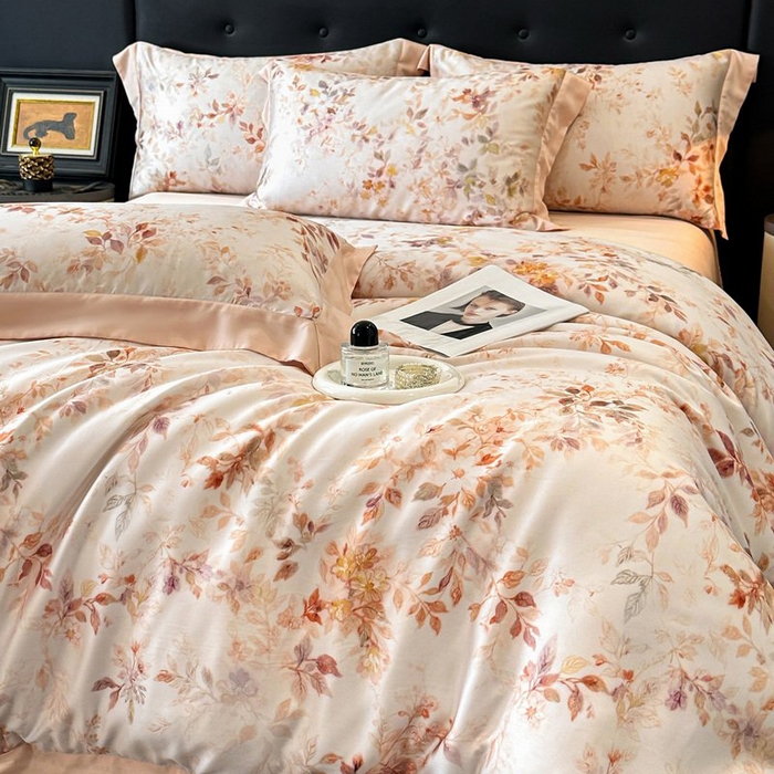 91家纺网 家纺一手货源 找家纺 慕晨 2026新款大宽边高级简奢款凉感天丝莱赛尔数码印花丝滑丝绸四件套直播热款 菱花