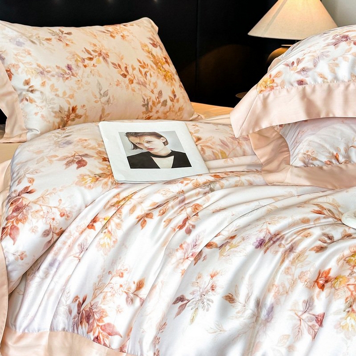 91家纺网 家纺一手货源 找家纺 慕晨 2026新款大宽边高级简奢款凉感天丝莱赛尔数码印花丝滑丝绸四件套直播热款 菱花