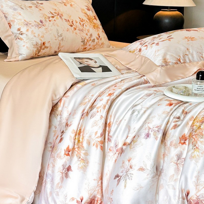 91家纺网 家纺一手货源 找家纺 慕晨 2026新款大宽边高级简奢款凉感天丝莱赛尔数码印花丝滑丝绸四件套直播热款 菱花