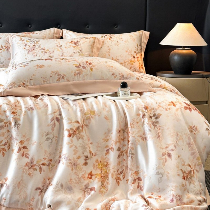 91家纺网 家纺一手货源 找家纺 慕晨 2026新款大宽边高级简奢款凉感天丝莱赛尔数码印花丝滑丝绸四件套直播热款 菱花