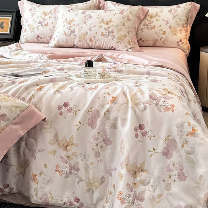 91家纺网 家纺一手货源 找家纺 慕晨 2026新款大宽边天丝莱赛尔数码印花夏被四件套高级简奢款丝滑丝绸直播热款 花颜