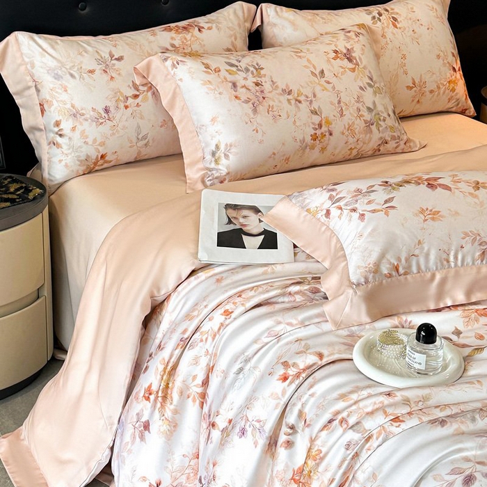 91家纺网 家纺一手货源 找家纺 慕晨 2026新款大宽边高级简奢款凉感天丝莱赛尔数码印花丝滑丝绸四件套直播热款 菱花