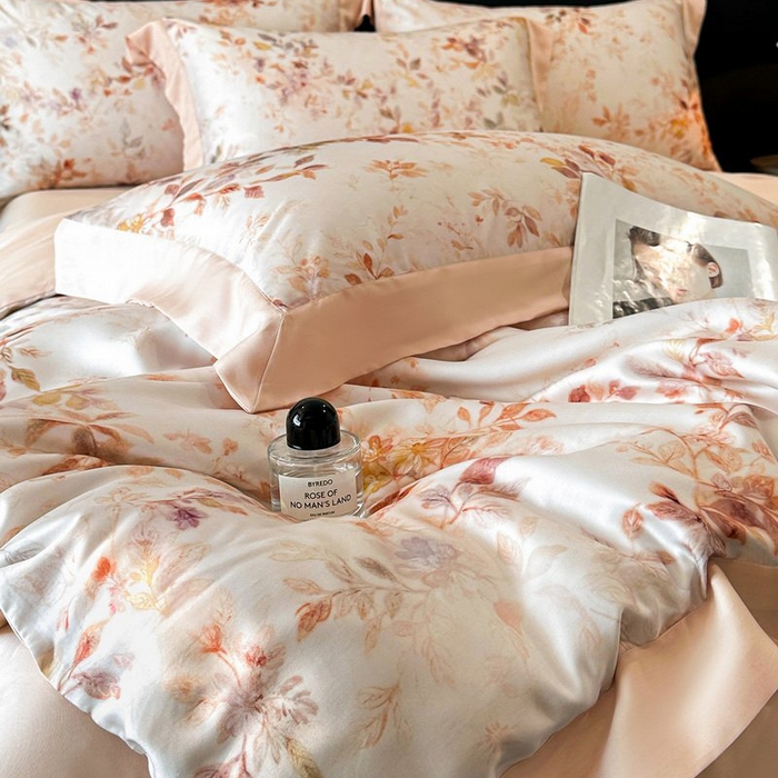 91家纺网 家纺一手货源 找家纺 慕晨 2026新款大宽边高级简奢款凉感天丝莱赛尔数码印花丝滑丝绸四件套直播热款 菱花