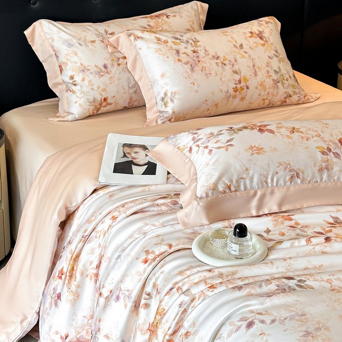 91家纺网 家纺一手货源 找家纺 慕晨 2026新款大宽边高级简奢款凉感天丝莱赛尔数码印花丝滑丝绸四件套直播热款 菱花