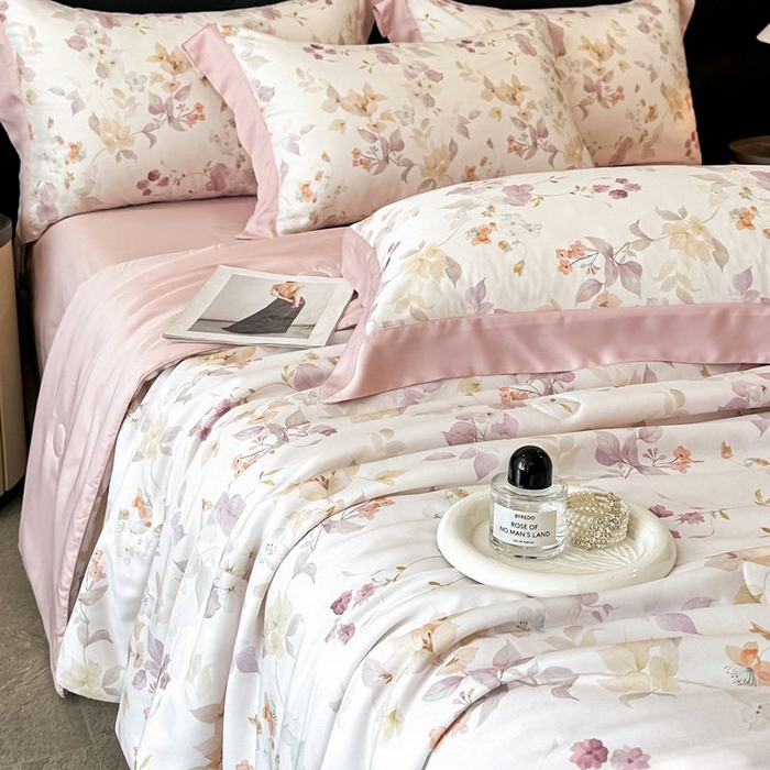 91家纺网 家纺一手货源 找家纺 慕晨 2026新款大宽边天丝莱赛尔数码印花夏被四件套高级简奢款丝滑丝绸直播热款 花颜