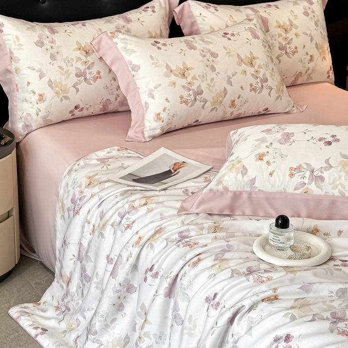 91家纺网 家纺一手货源 找家纺 慕晨 2026新款大宽边天丝莱赛尔数码印花夏被四件套高级简奢款丝滑丝绸直播热款 花颜