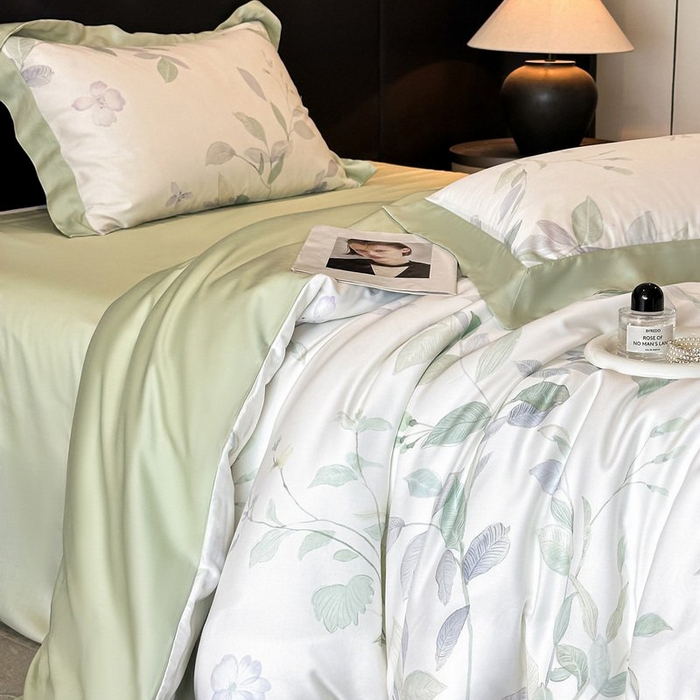 91家纺网 家纺一手货源 找家纺 慕晨 2026新款大宽边高级简奢款凉感天丝莱赛尔数码印花丝滑丝绸四件套直播热款 柳语