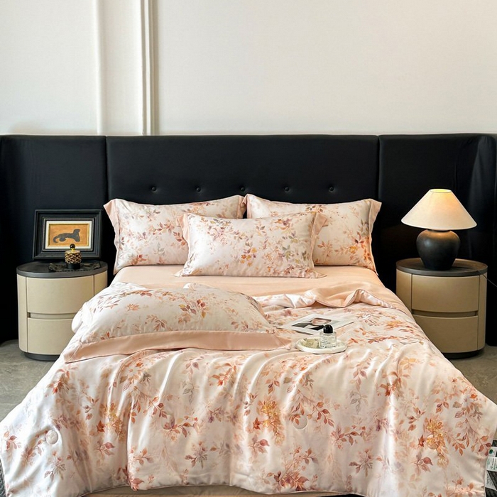 91家纺网 家纺一手货源 找家纺 慕晨 2026新款大宽边天丝莱赛尔数码印花夏被四件套高级简奢款丝滑丝绸直播热款 菱花