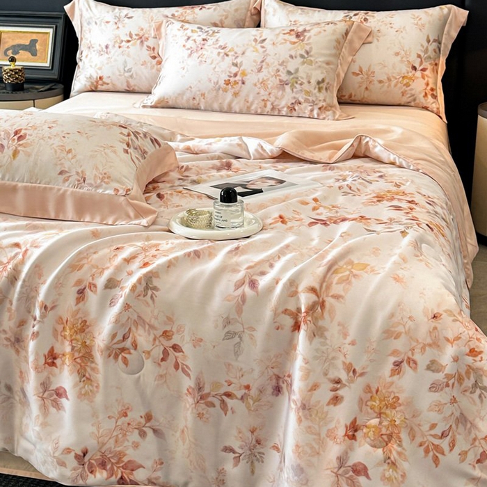 91家纺网 家纺一手货源 找家纺 慕晨 2026新款大宽边天丝莱赛尔数码印花夏被四件套高级简奢款丝滑丝绸直播热款 菱花