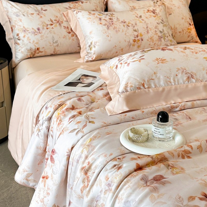 91家纺网 家纺一手货源 找家纺 慕晨 2026新款大宽边天丝莱赛尔数码印花夏被四件套高级简奢款丝滑丝绸直播热款 菱花