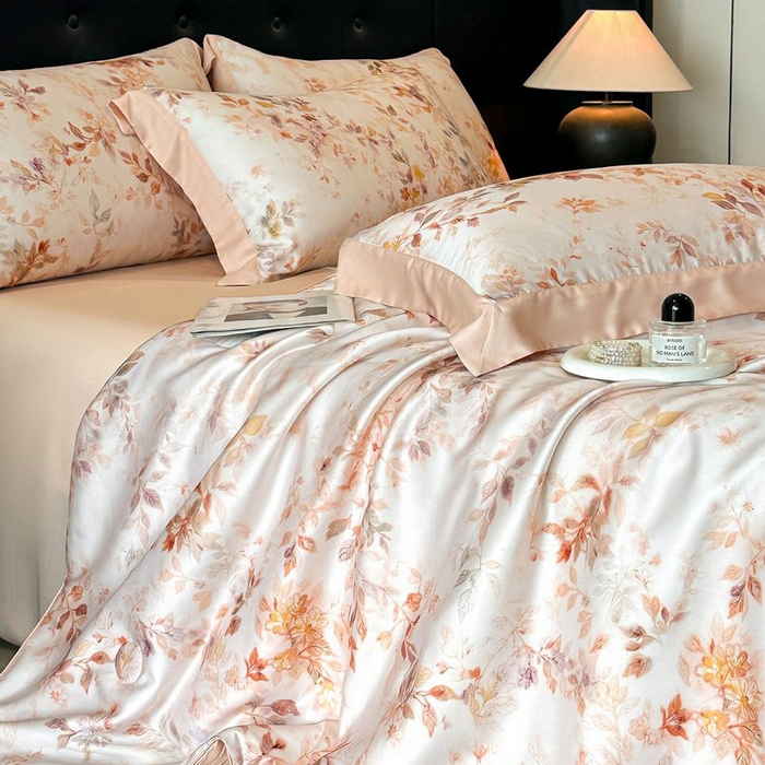 91家纺网 家纺一手货源 找家纺 慕晨 2026新款大宽边天丝莱赛尔数码印花夏被四件套高级简奢款丝滑丝绸直播热款 菱花