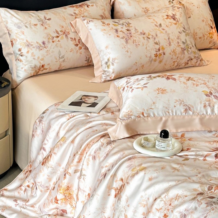 91家纺网 家纺一手货源 找家纺 慕晨 2026新款大宽边天丝莱赛尔数码印花夏被四件套高级简奢款丝滑丝绸直播热款 菱花