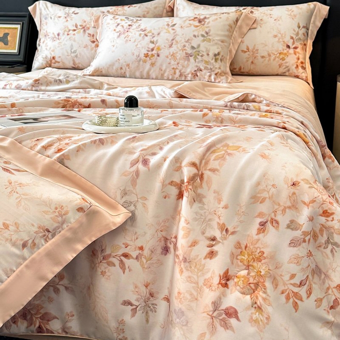 91家纺网 家纺一手货源 找家纺 慕晨 2026新款大宽边天丝莱赛尔数码印花夏被四件套高级简奢款丝滑丝绸直播热款 菱花