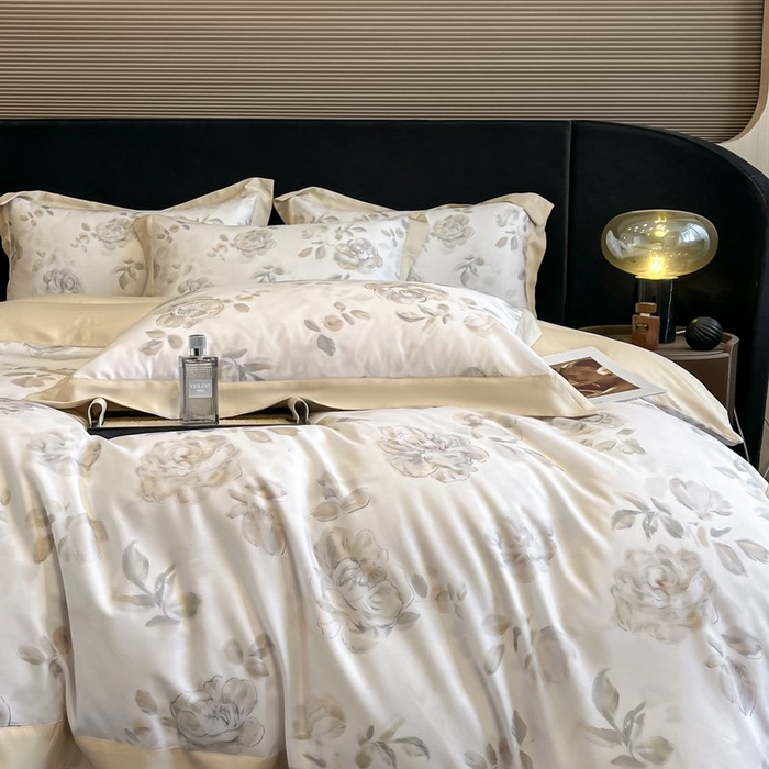 91家纺网 家纺一手货源 找家纺 慕晨 2026新款大宽边高级简奢款凉感天丝莱赛尔数码印花丝滑丝绸四件套直播热款 蔓艺