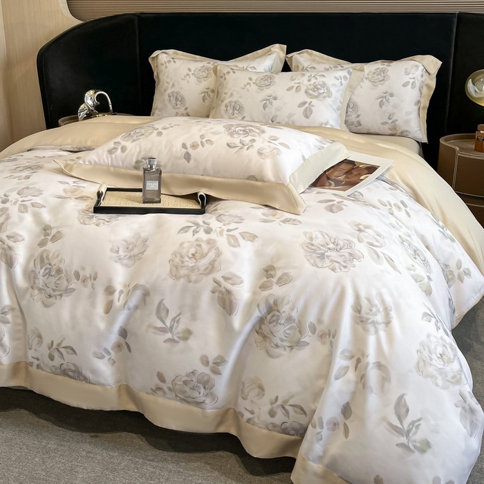 91家纺网 家纺一手货源 找家纺 慕晨 2026新款大宽边高级简奢款凉感天丝莱赛尔数码印花丝滑丝绸四件套直播热款 蔓艺