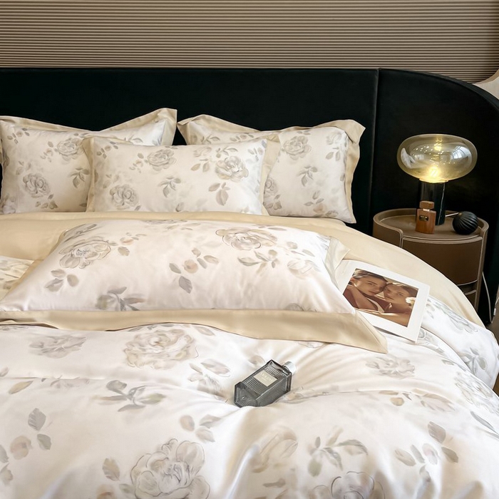 91家纺网 家纺一手货源 找家纺 慕晨 2026新款大宽边高级简奢款凉感天丝莱赛尔数码印花丝滑丝绸四件套直播热款 蔓艺