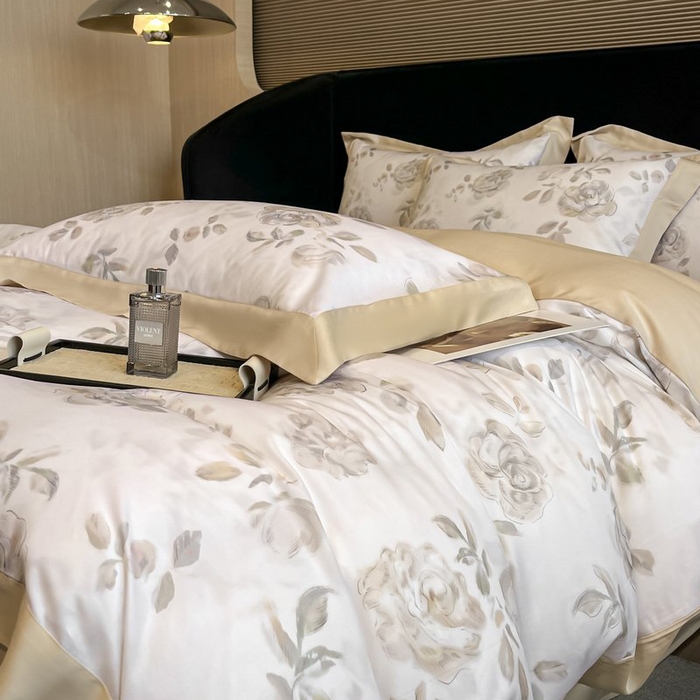 91家纺网 家纺一手货源 找家纺 慕晨 2026新款大宽边高级简奢款凉感天丝莱赛尔数码印花丝滑丝绸四件套直播热款 蔓艺