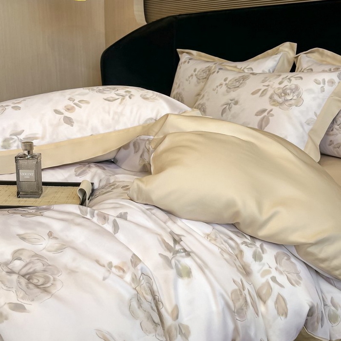 91家纺网 家纺一手货源 找家纺 慕晨 2026新款大宽边高级简奢款凉感天丝莱赛尔数码印花丝滑丝绸四件套直播热款 蔓艺