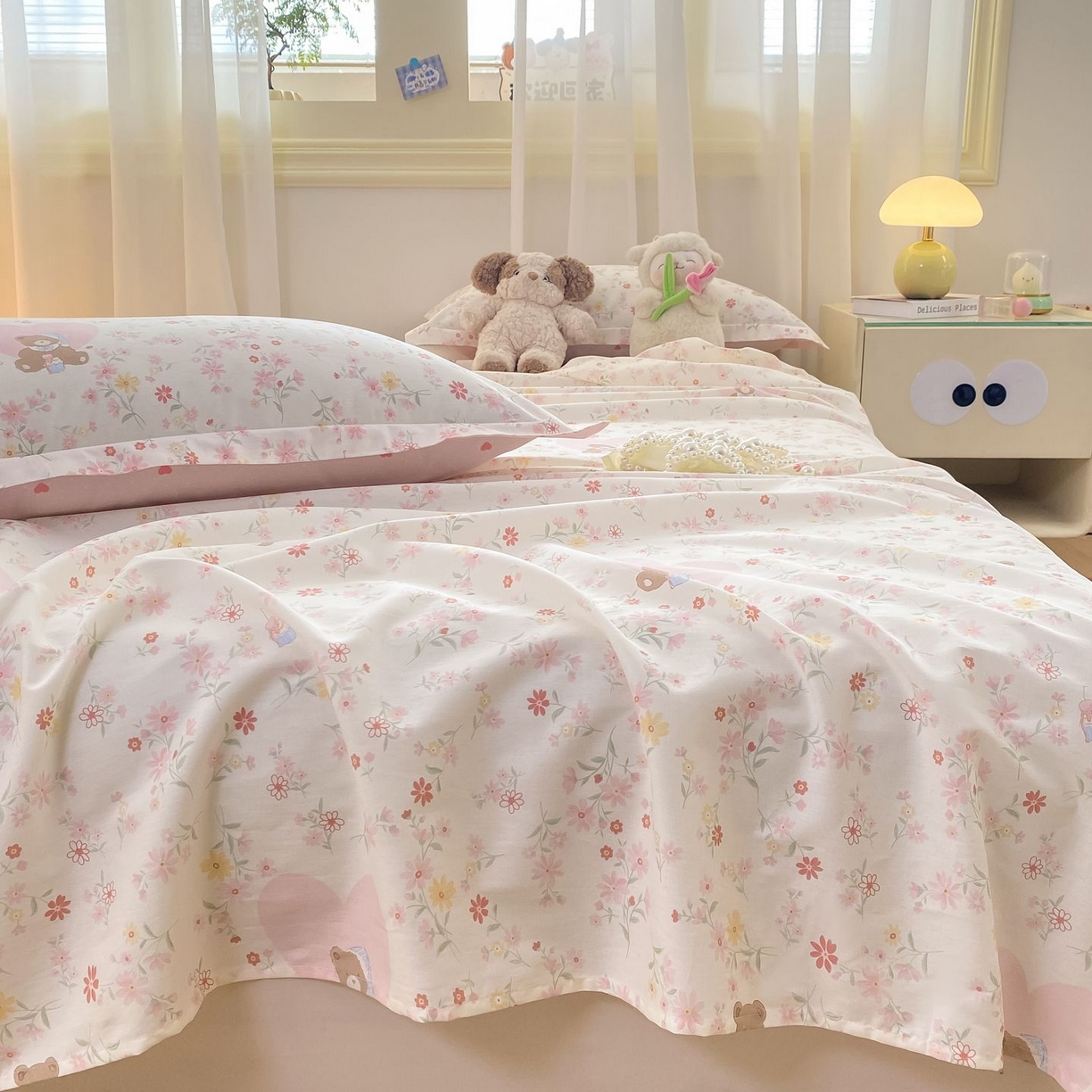 91家纺网 家纺一手货源 找家纺 女子家纺 2026新款全棉印花小清新系列-单床单 旧书折痕粉