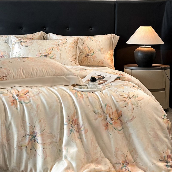 91家纺网 家纺一手货源 找家纺 慕晨 2026新款大宽边高级简奢款凉感天丝莱赛尔数码印花丝滑丝绸四件套直播热款 木棉