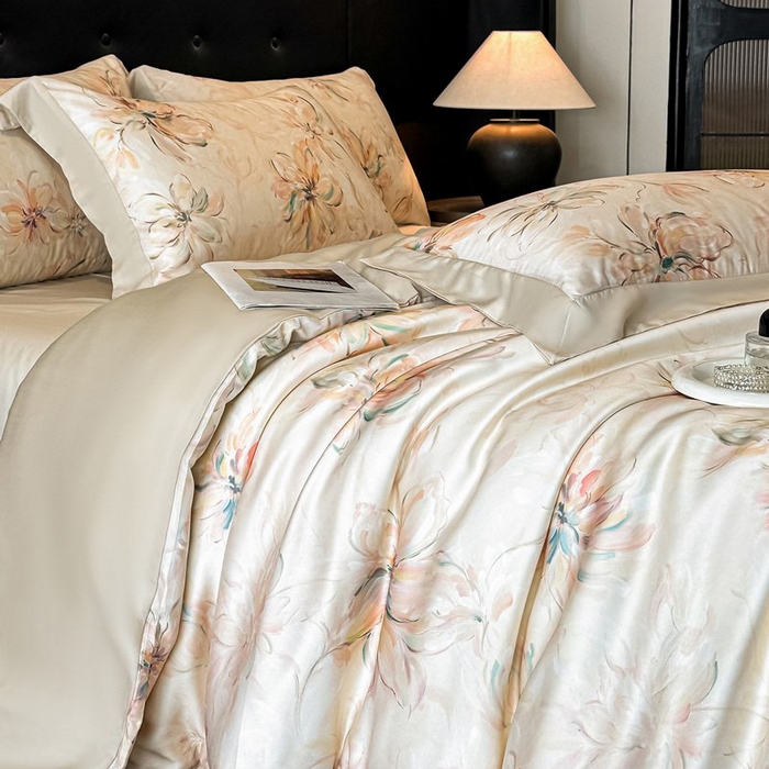 91家纺网 家纺一手货源 找家纺 慕晨 2026新款大宽边高级简奢款凉感天丝莱赛尔数码印花丝滑丝绸四件套直播热款 木棉