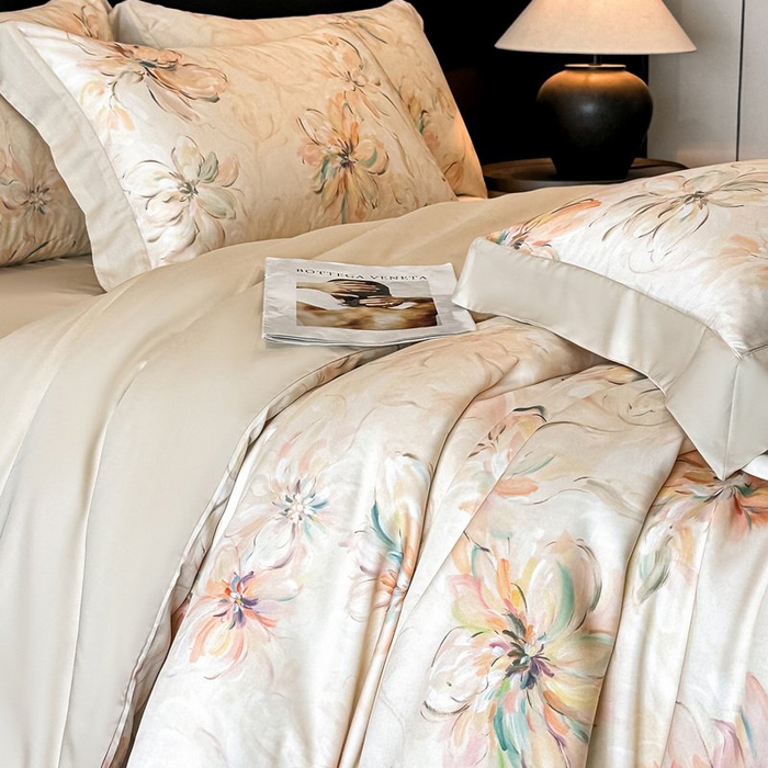 91家纺网 家纺一手货源 找家纺 慕晨 2026新款大宽边高级简奢款凉感天丝莱赛尔数码印花丝滑丝绸四件套直播热款 木棉