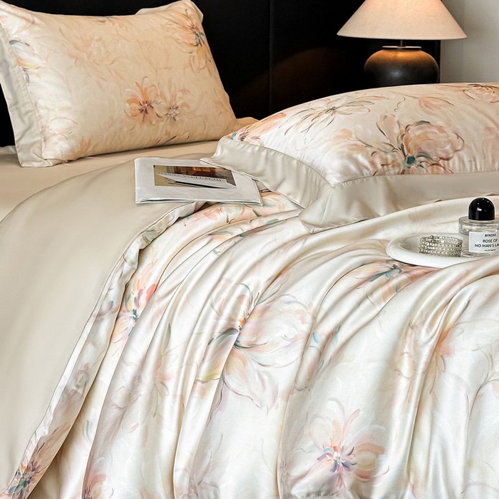 91家纺网 家纺一手货源 找家纺 慕晨 2026新款大宽边高级简奢款凉感天丝莱赛尔数码印花丝滑丝绸四件套直播热款 木棉