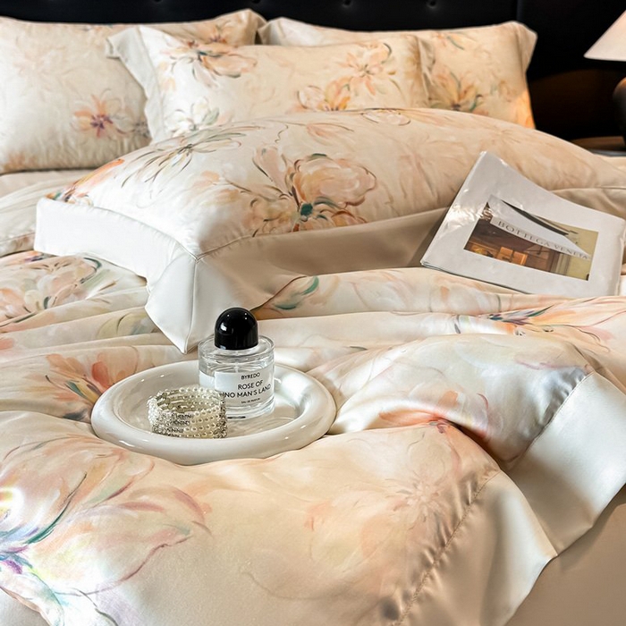 91家纺网 家纺一手货源 找家纺 慕晨 2026新款大宽边高级简奢款凉感天丝莱赛尔数码印花丝滑丝绸四件套直播热款 木棉