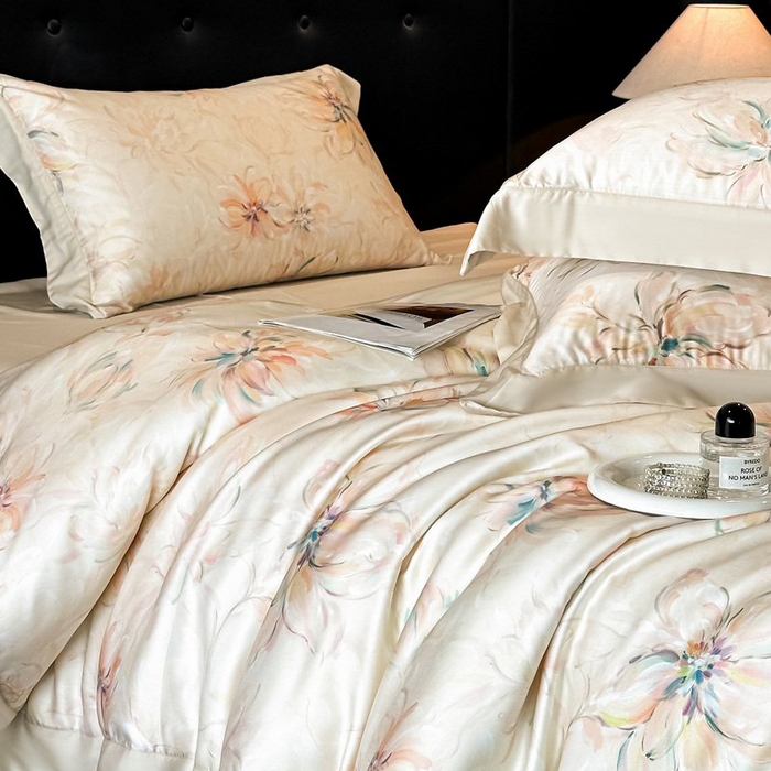 91家纺网 家纺一手货源 找家纺 慕晨 2026新款大宽边高级简奢款凉感天丝莱赛尔数码印花丝滑丝绸四件套直播热款 木棉