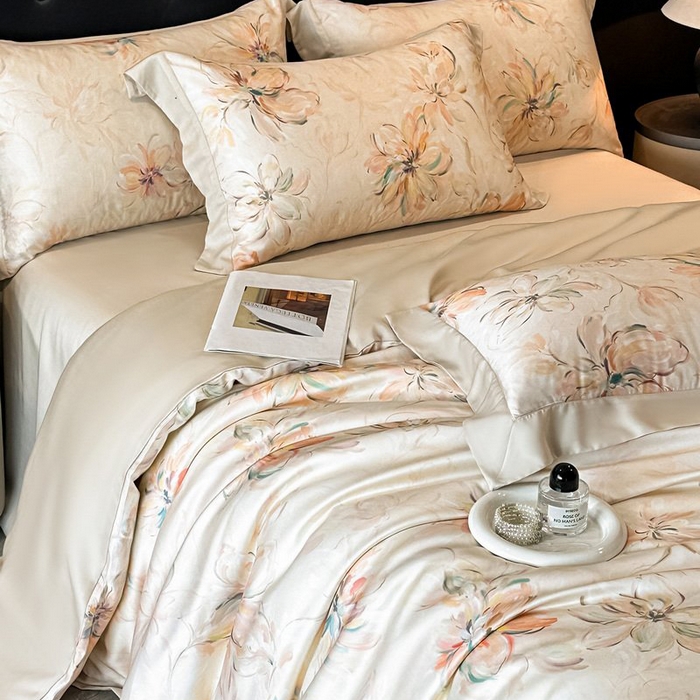 91家纺网 家纺一手货源 找家纺 慕晨 2026新款大宽边高级简奢款凉感天丝莱赛尔数码印花丝滑丝绸四件套直播热款 木棉