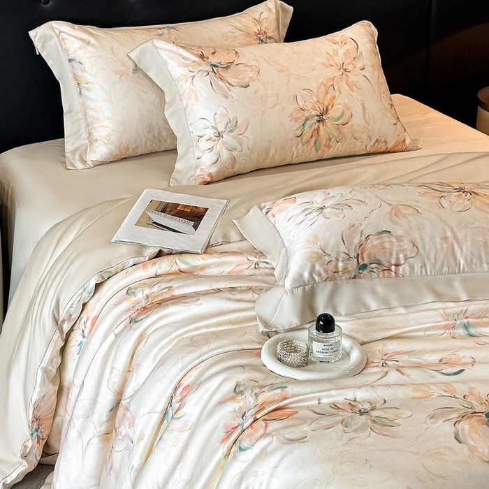 91家纺网 家纺一手货源 找家纺 慕晨 2026新款大宽边高级简奢款凉感天丝莱赛尔数码印花丝滑丝绸四件套直播热款 木棉