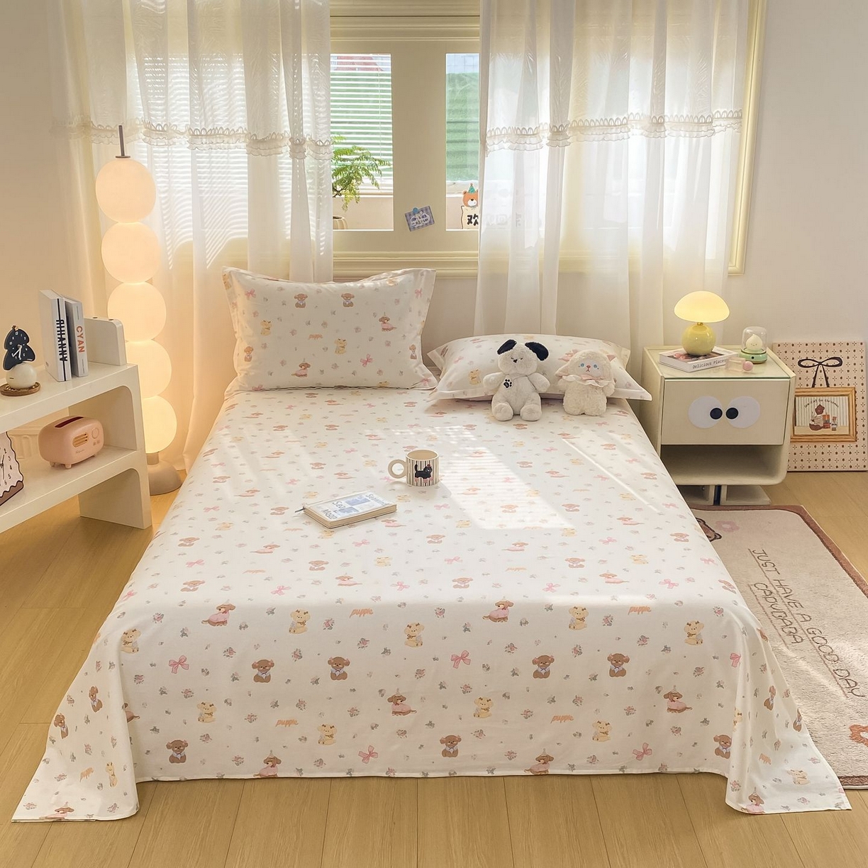 91家纺网 家纺一手货源 找家纺 女子家纺 2026新款全棉印花小清新系列-单床单 酷卡小狗