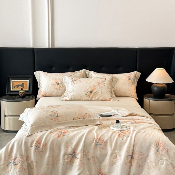 91家纺网 家纺一手货源 找家纺 慕晨 2026新款大宽边天丝莱赛尔数码印花夏被四件套高级简奢款丝滑丝绸直播热款 木棉