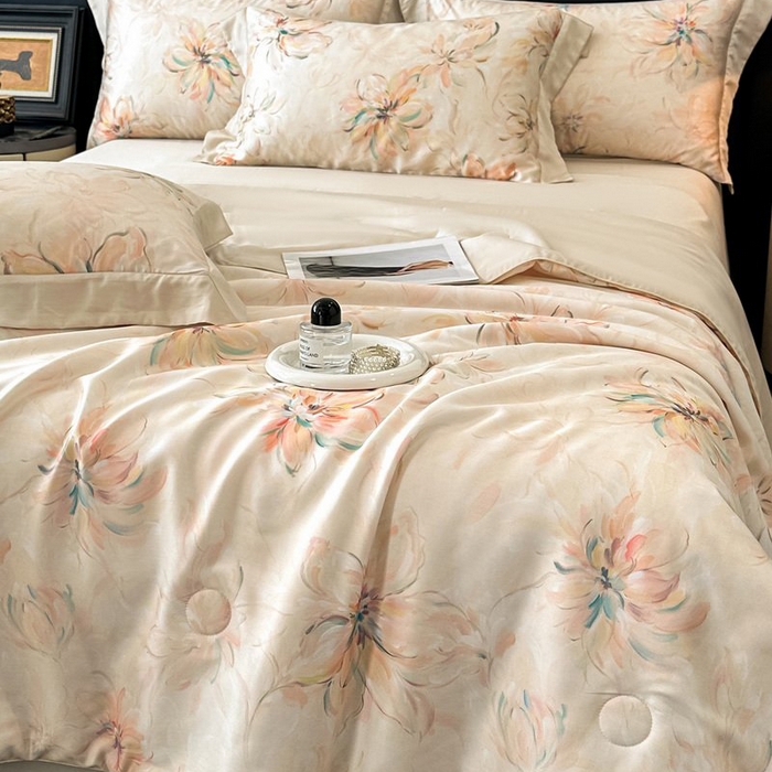 91家纺网 家纺一手货源 找家纺 慕晨 2026新款大宽边天丝莱赛尔数码印花夏被四件套高级简奢款丝滑丝绸直播热款 木棉