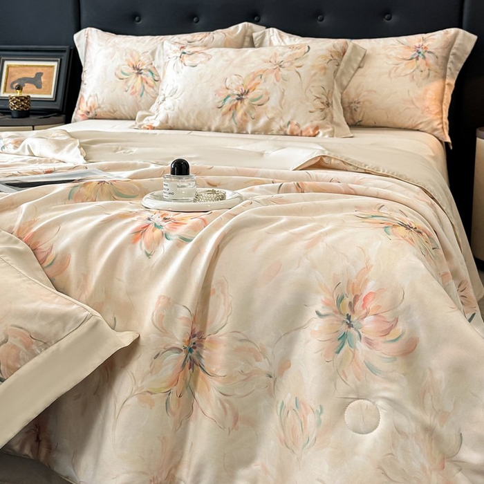 91家纺网 家纺一手货源 找家纺 慕晨 2026新款大宽边天丝莱赛尔数码印花夏被四件套高级简奢款丝滑丝绸直播热款 木棉