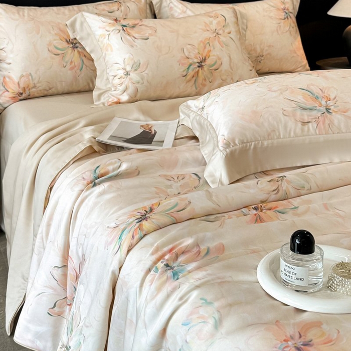 91家纺网 家纺一手货源 找家纺 慕晨 2026新款大宽边天丝莱赛尔数码印花夏被四件套高级简奢款丝滑丝绸直播热款 木棉