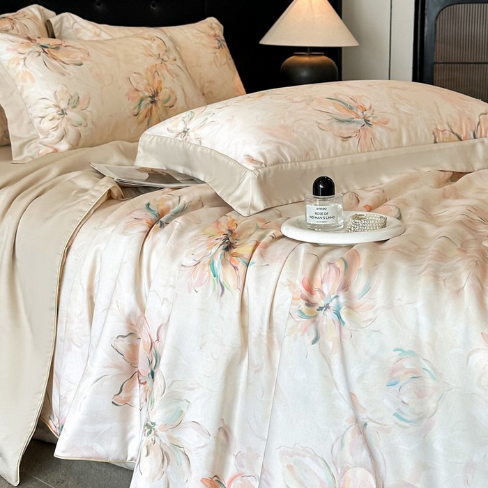 91家纺网 家纺一手货源 找家纺 慕晨 2026新款大宽边天丝莱赛尔数码印花夏被四件套高级简奢款丝滑丝绸直播热款 木棉